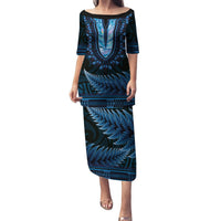 Blue African Dashiki With Aotearoa Maori Puletasi Paua Shell Mix Silver Fern LT14 Long Dress Blue - Polynesian Pride