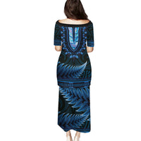 Blue African Dashiki With Aotearoa Maori Puletasi Paua Shell Mix Silver Fern LT14 - Polynesian Pride