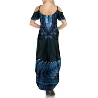 Blue African Dashiki With Aotearoa Maori Summer Maxi Dress Paua Shell Mix Silver Fern LT14 - Polynesian Pride