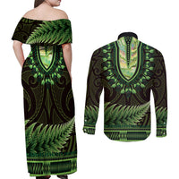 Lime Green African Dashiki With Aotearoa Maori Couples Matching Off Shoulder Maxi Dress and Long Sleeve Button Shirt Paua Shell Mix Silver Fern