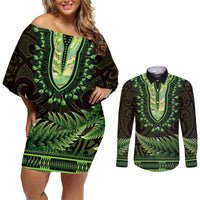 Lime Green African Dashiki With Aotearoa Maori Couples Matching Off Shoulder Short Dress and Long Sleeve Button Shirt Paua Shell Mix Silver Fern LT14 Lime Green - Polynesian Pride