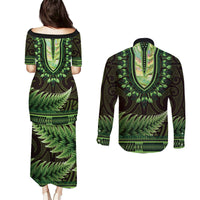 Lime Green African Dashiki With Aotearoa Maori Couples Matching Puletasi and Long Sleeve Button Shirt Paua Shell Mix Silver Fern LT14 - Polynesian Pride