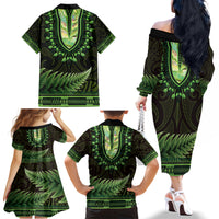 Lime Green African Dashiki With Aotearoa Maori Family Matching Off The Shoulder Long Sleeve Dress and Hawaiian Shirt Paua Shell Mix Silver Fern