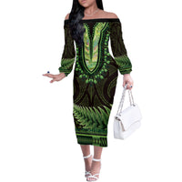 Lime Green African Dashiki With Aotearoa Maori Family Matching Off The Shoulder Long Sleeve Dress and Hawaiian Shirt Paua Shell Mix Silver Fern