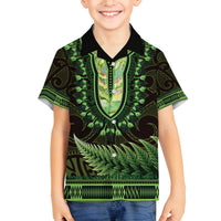Lime Green African Dashiki With Aotearoa Maori Family Matching Tank Maxi Dress and Hawaiian Shirt Paua Shell Mix Silver Fern