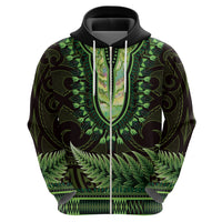 Lime Green African Dashiki With Aotearoa Maori Zip Hoodie Paua Shell Mix Silver Fern