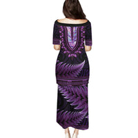 Purple African Dashiki With Aotearoa Maori Family Matching Puletasi and Hawaiian Shirt Paua Shell Mix Silver Fern