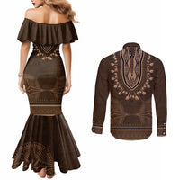 Brown African Dashiki With Tonga Ngatu Pattern Couples Matching Mermaid Dress and Long Sleeve Button Shirt LT14 - Polynesian Pride