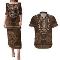 Brown African Dashiki With Tonga Ngatu Pattern Couples Matching Puletasi and Hawaiian Shirt LT14 Brown - Polynesian Pride