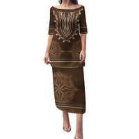 Brown African Dashiki With Tonga Ngatu Pattern Puletasi LT14 Long Dress Brown - Polynesian Pride
