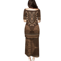 Brown African Dashiki With Tonga Ngatu Pattern Puletasi LT14 - Polynesian Pride