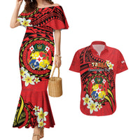 Personalised Tonga Emancipation Day Couples Matching Mermaid Dress and Hawaiian Shirt Tongan Ngatu Pattern - Red Version LT14 Red - Polynesian Pride
