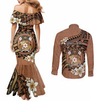 Personalised Tonga Emancipation Day Couples Matching Mermaid Dress and Long Sleeve Button Shirt Tongan Ngatu Pattern - Brown Version LT14 - Polynesian Pride