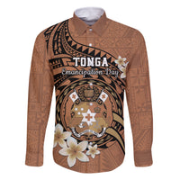 Personalised Tonga Emancipation Day Family Matching Tank Maxi Dress and Hawaiian Shirt Tongan Ngatu Pattern - Brown Version LT14 Dad's Shirt - Long Sleeve Brown - Polynesian Pride