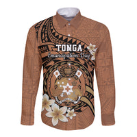 Personalised Tonga Emancipation Day Long Sleeve Button Shirt Tongan Ngatu Pattern - Brown Version LT14 Unisex Brown - Polynesian Pride