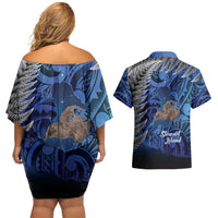 New Zealand Stewart Island Couples Matching Off Shoulder Short Dress and Hawaiian Shirt Rakiura Kiwi Maori Glowing Sky