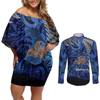 New Zealand Stewart Island Couples Matching Off Shoulder Short Dress and Long Sleeve Button Shirt Rakiura Kiwi Maori Glowing Sky