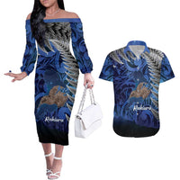 New Zealand Stewart Island Couples Matching Off The Shoulder Long Sleeve Dress and Hawaiian Shirt Rakiura Kiwi Maori Glowing Sky