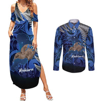 New Zealand Stewart Island Couples Matching Summer Maxi Dress and Long Sleeve Button Shirt Rakiura Kiwi Maori Glowing Sky