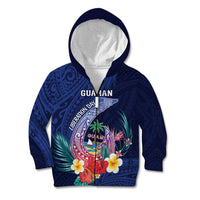 Personalised Guam Liberation Day Kid Hoodie Happy 80th Anniversary Fish Hook Mix Tropical Flowers LT14 Zip Hoodie Blue - Polynesian Pride