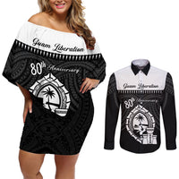 Guam Liberation Day Couples Matching Off Shoulder Short Dress and Long Sleeve Button Shirt Biba Guahan Chamorro 80th Anniversary - Black LT14 Black - Polynesian Pride