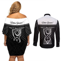 Guam Liberation Day Couples Matching Off Shoulder Short Dress and Long Sleeve Button Shirt Biba Guahan Chamorro 80th Anniversary - Black LT14 - Polynesian Pride