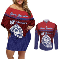 Guam Liberation Day Couples Matching Off Shoulder Short Dress and Long Sleeve Button Shirt Biba Guahan Chamorro 80th Anniversary - Blue LT14 Blue - Polynesian Pride
