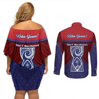 Guam Liberation Day Couples Matching Off Shoulder Short Dress and Long Sleeve Button Shirt Biba Guahan Chamorro 80th Anniversary - Blue LT14 - Polynesian Pride