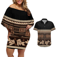 Black Samoa Siapo Teuila Flowers Couples Matching Off Shoulder Short Dress and Hawaiian Shirt LT14 Black - Polynesian Pride