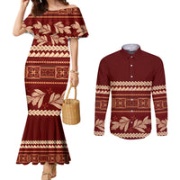Red Samoa Siapo Teuila Flowers Couples Matching Mermaid Dress and Long Sleeve Button Shirt LT14 Red - Polynesian Pride