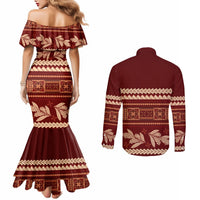 Red Samoa Siapo Teuila Flowers Couples Matching Mermaid Dress and Long Sleeve Button Shirt LT14 - Polynesian Pride