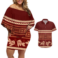 Red Samoa Siapo Teuila Flowers Couples Matching Off Shoulder Short Dress and Hawaiian Shirt LT14 Red - Polynesian Pride