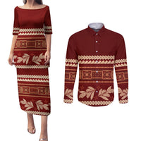 Red Samoa Siapo Teuila Flowers Couples Matching Puletasi and Long Sleeve Button Shirt LT14 Red - Polynesian Pride