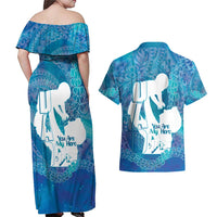Turquoise Polynesia Father's Day Couples Matching Off Shoulder Maxi Dress and Hawaiian Shirt Dad You Are My Hero