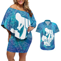 Turquoise Polynesia Father's Day Couples Matching Off Shoulder Short Dress and Hawaiian Shirt Dad You Are My Hero