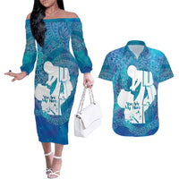 Turquoise Polynesia Father's Day Couples Matching Off The Shoulder Long Sleeve Dress and Hawaiian Shirt Dad You Are My Hero