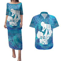Turquoise Polynesia Father's Day Couples Matching Puletasi and Hawaiian Shirt Dad You Are My Hero