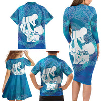 Turquoise Polynesia Father's Day Family Matching Long Sleeve Bodycon Dress and Hawaiian Shirt Dad You Are My Hero