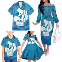 Turquoise Polynesia Father's Day Family Matching Off The Shoulder Long Sleeve Dress and Hawaiian Shirt Dad You Are My Hero