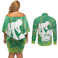 Green Polynesia Father's Day Couples Matching Off Shoulder Short Dress and Long Sleeve Button Shirt Dad You Are My Hero