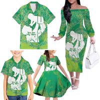 Green Polynesia Father's Day Family Matching Off The Shoulder Long Sleeve Dress and Hawaiian Shirt Dad You Are My Hero