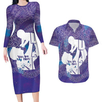 Purple Polynesia Father's Day Couples Matching Long Sleeve Bodycon Dress and Hawaiian Shirt Dad You Are My Hero