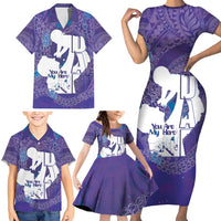 Purple Polynesia Father's Day Family Matching Short Sleeve Bodycon Dress and Hawaiian Shirt Dad You Are My Hero