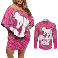 Pink Polynesia Father's Day Couples Matching Off Shoulder Short Dress and Long Sleeve Button Shirt Dad You Are My Hero