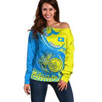 Personalised Palau Independence Day Off Shoulder Sweater Happy 29th Anniversary Polynesian Hammerhead Shark LT14 Women Blue - Polynesian Pride