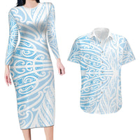 Blue New Zealand Puhoro Maori Tattoo Couples Matching Long Sleeve Bodycon Dress and Hawaiian Shirt LT14 Blue - Polynesian Pride