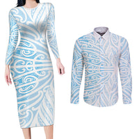 Blue New Zealand Puhoro Maori Tattoo Couples Matching Long Sleeve Bodycon Dress and Long Sleeve Button Shirt LT14 Blue - Polynesian Pride