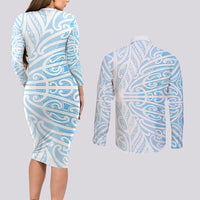Blue New Zealand Puhoro Maori Tattoo Couples Matching Long Sleeve Bodycon Dress and Long Sleeve Button Shirt LT14 - Polynesian Pride