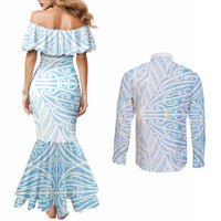 Blue New Zealand Puhoro Maori Tattoo Couples Matching Mermaid Dress and Long Sleeve Button Shirt LT14 - Polynesian Pride
