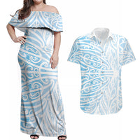 Blue New Zealand Puhoro Maori Tattoo Couples Matching Off Shoulder Maxi Dress and Hawaiian Shirt LT14 Blue - Polynesian Pride